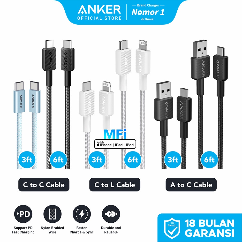 Anker Kabel for Samsung Oppo MFi iPhone X 11 12 13 14 15 16 PD Type C to USB A Type C and Lightning 