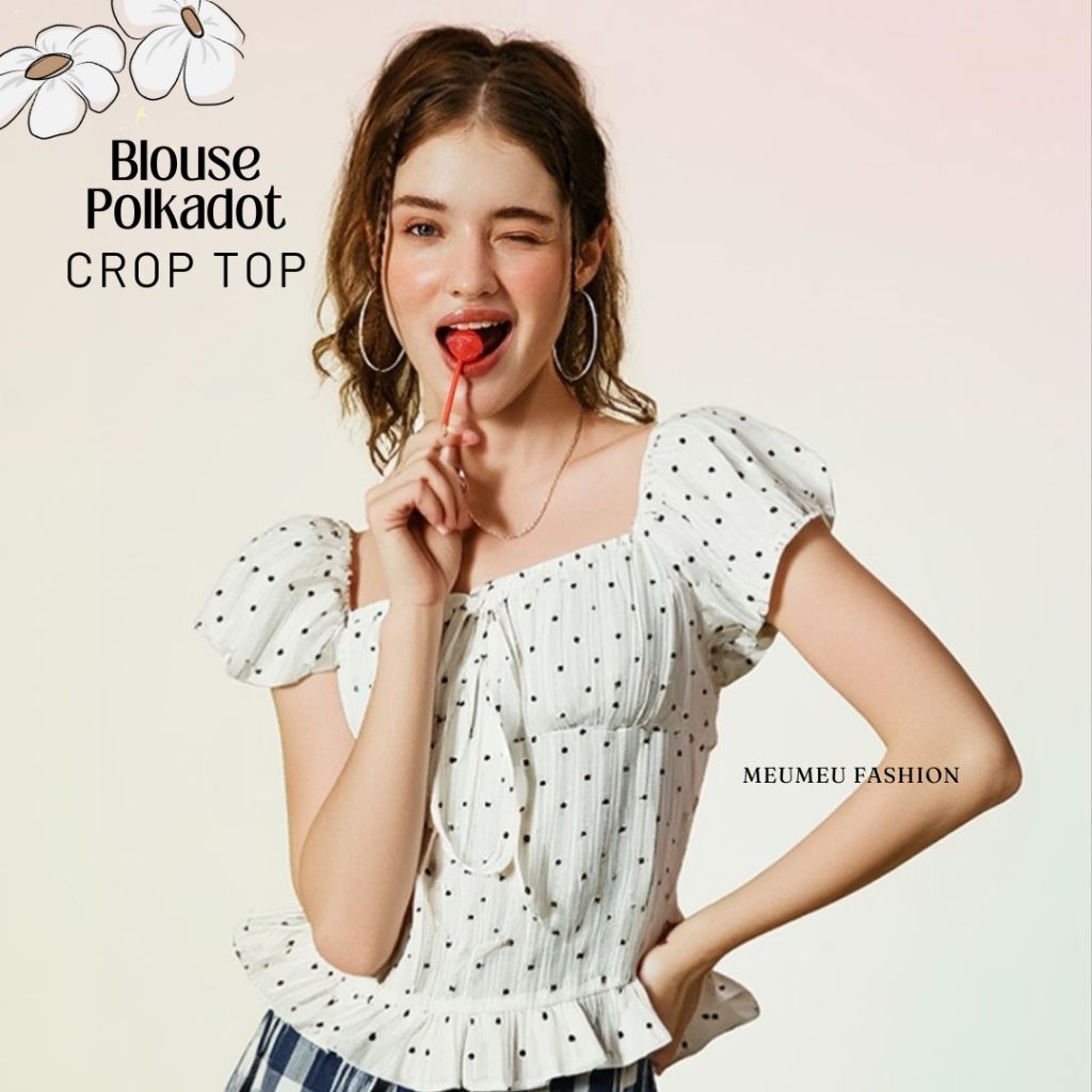 Blouse Polkadot Crop Top Import BKK Blouse Wanita Crop Top Wanita Atasan Wanita Polkadot