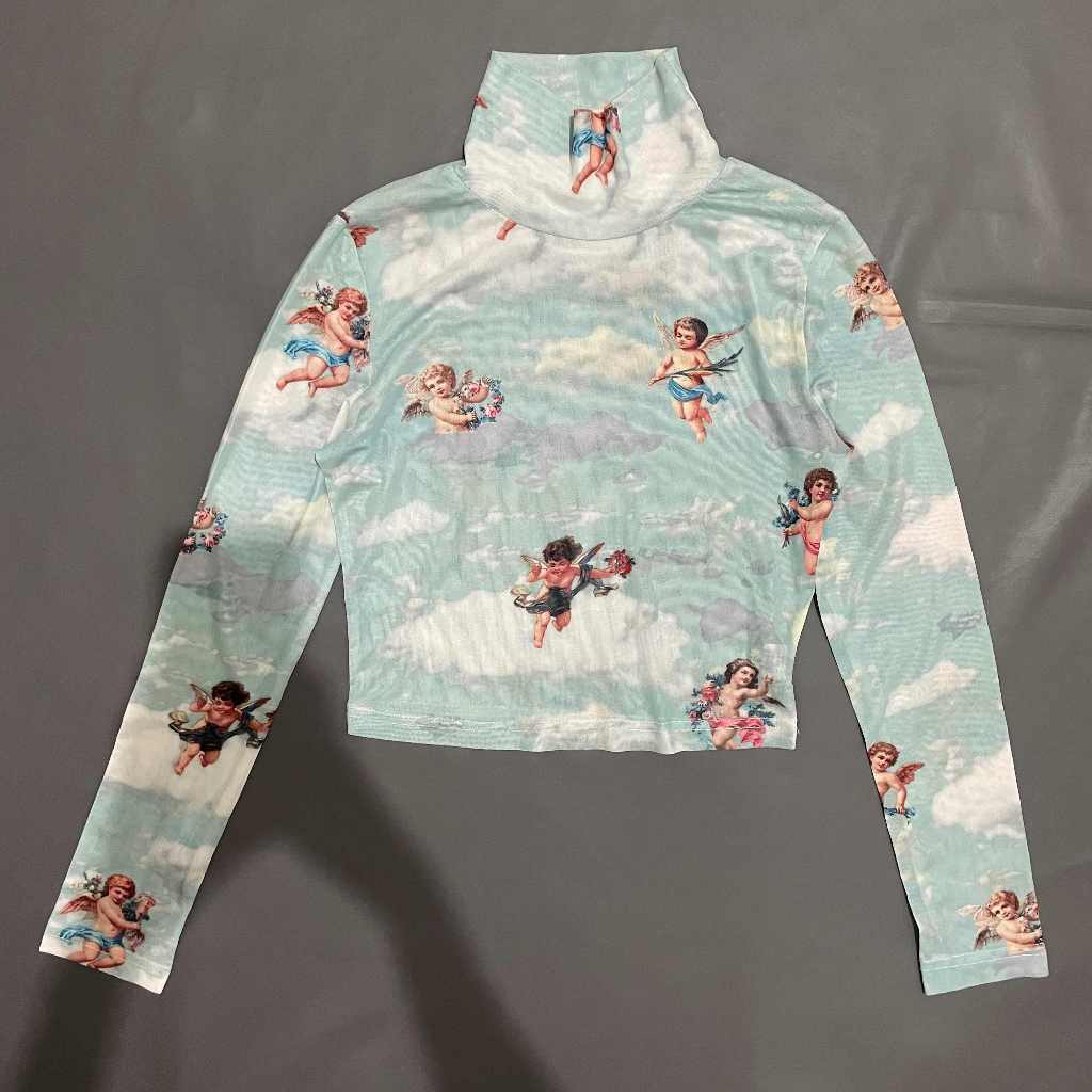 DEWASA A219 (OPENLADY ORI, PRELOVED) Baju Atasan Crop Top Transparan Leher Turtleneck Tangan Lengan 