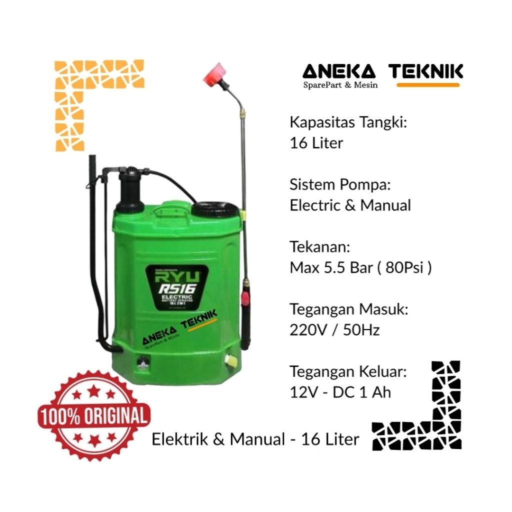 Aneka Teknik - Sprayer / Alat Semprot Hama Terbaru RYU 2 Fungsi RS-16 Electric & Manual Tangki 16 Li