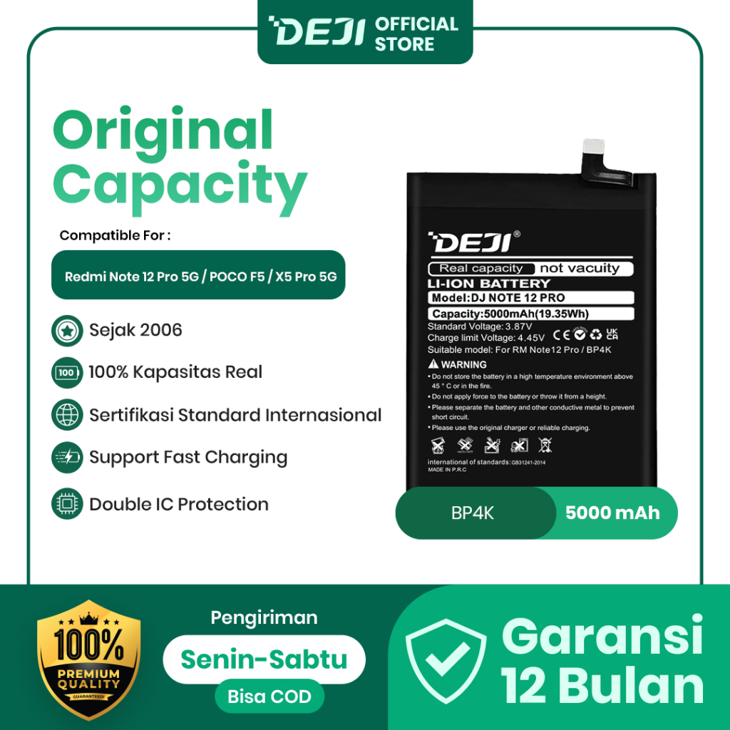 DEJI Baterai BP4K Poco F5 / X5 Pro 5G / Redmi Note 12 Pro 5G 5000mAh 3.87V