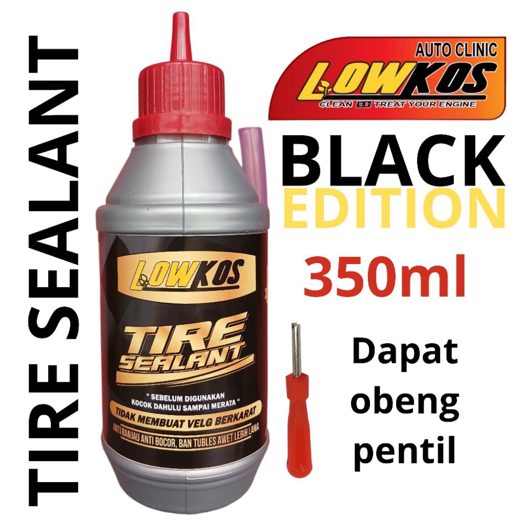 LOWKOS Cairan Tambal Ban Tubeless 350ml Black Edition Anti Ranjau Paku Free Obeng Pembuka Pentil Mot