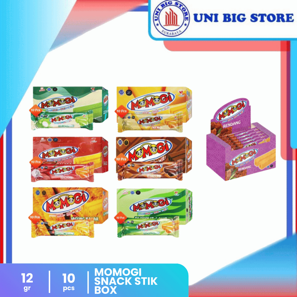 Momogi Snack Stick BOX 10 pcs Coklat Keju Jagung Bakar Balado Cocopandan Seaweed