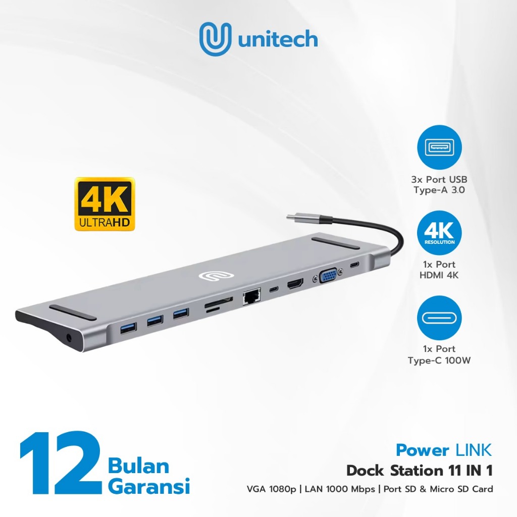 Unitech USB-C Docking Station 11-in-1 Power Link | HDMI 4K VGA Gigabit LAN USB 3.0 Hub Type C