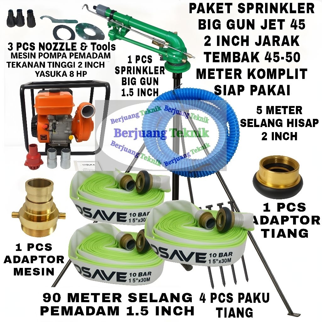 Paket Sprinkler BIG GUN JET 45 Jarak tembak 45-50 Meter Komplit siap pakai 90 Meter Selang 1.5 inch|
