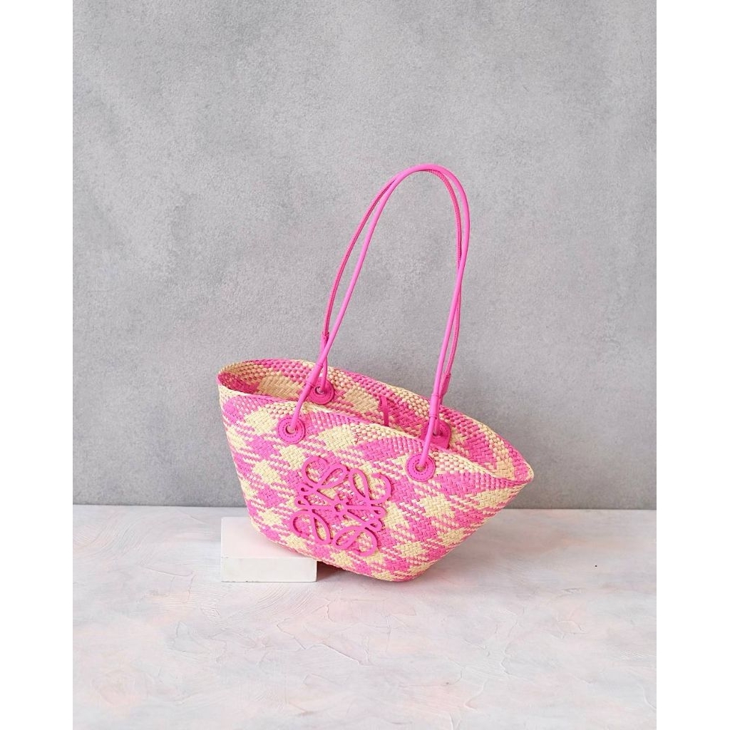 Loewe Small Anagram Basket Bag in Natural/ Fucshia Iraca Palm