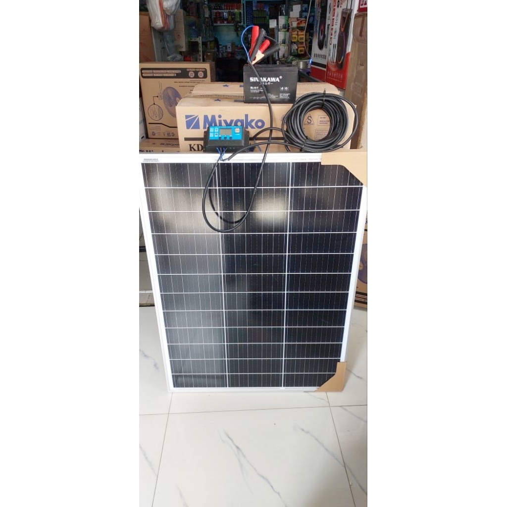 panel surya 100wp. komplit kabel panel 10m soket mc4 kontrorer jepit aki.sudah di rakitkan SUDAH TER