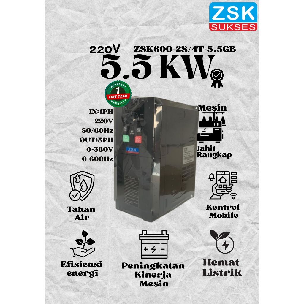 ZSK Inverter VFD / Elektronik VFD / Frequency Converter 5.5 KW 1PH Input 220 V 3PH Output 380V