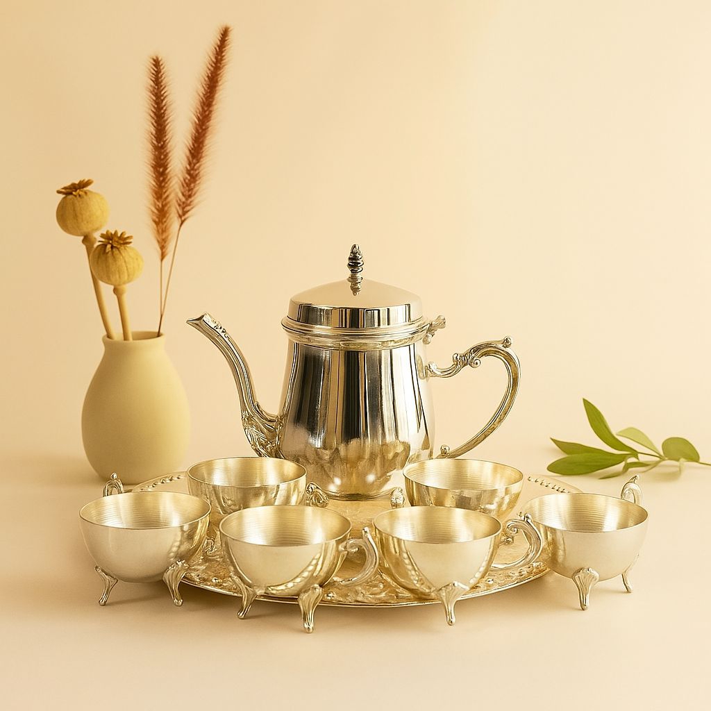 Set Teh Antik Elegan Perak (1 Teapot + 6 Cangkir + Nampan)