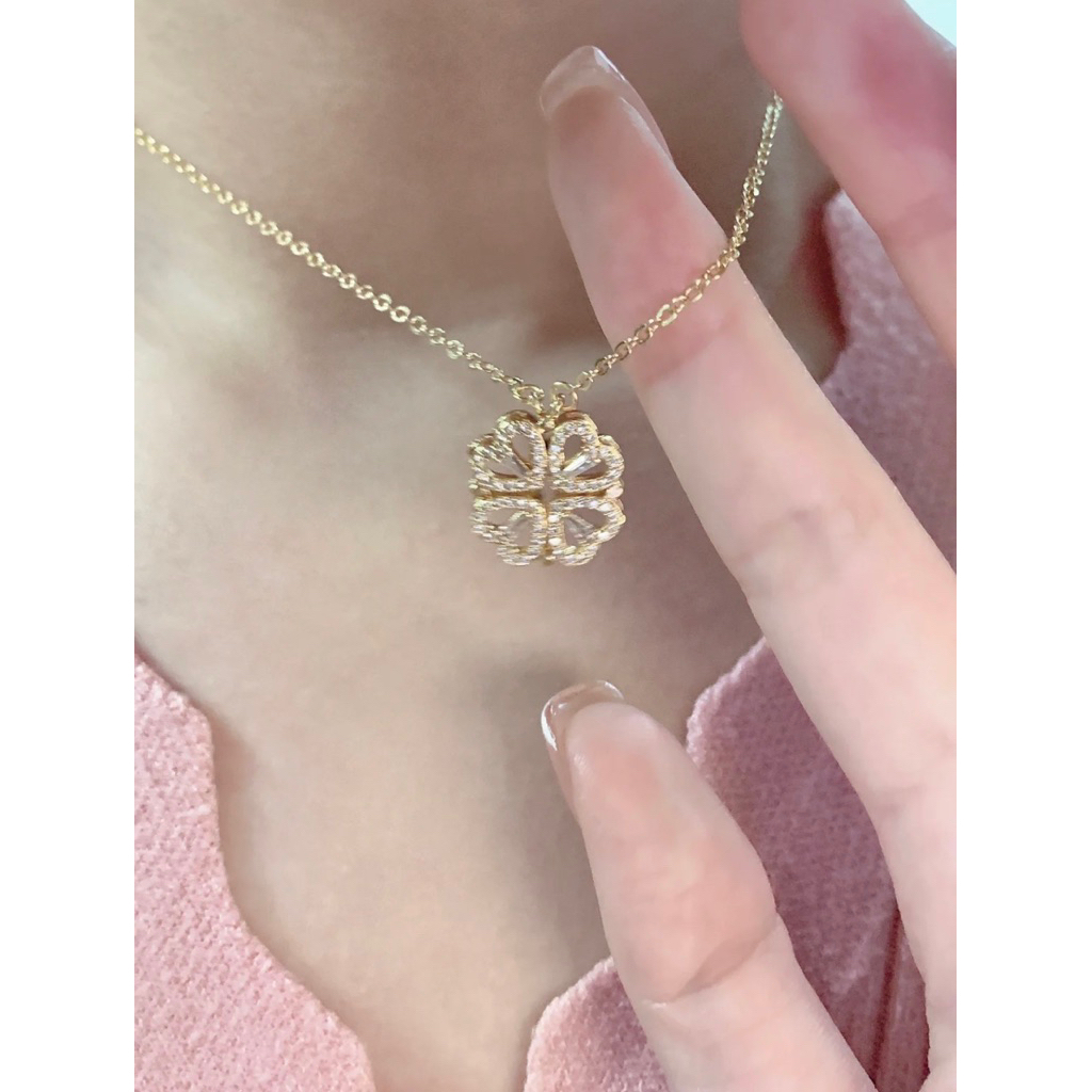 FOCUSE-8856 Kalung Titanium tersambung Liontin bentuk LOVE Model Magnet Buka Tutup Necklace Four Hea