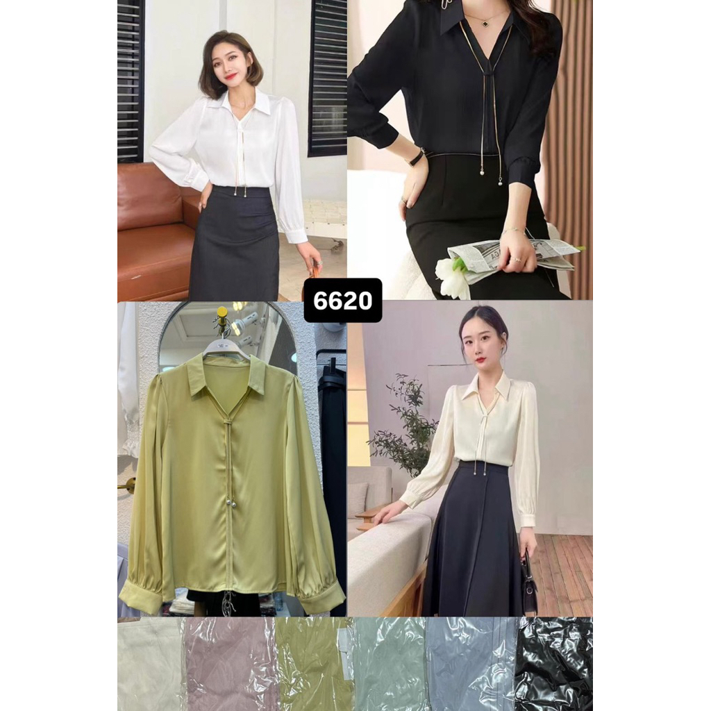 KEMEJA LENGAN PANJANG ELEGAN/KEMEJA KOREA DENGAN  AKSESORIS KALUNG MENAWAN Wanita Baju Atasan Dewasa