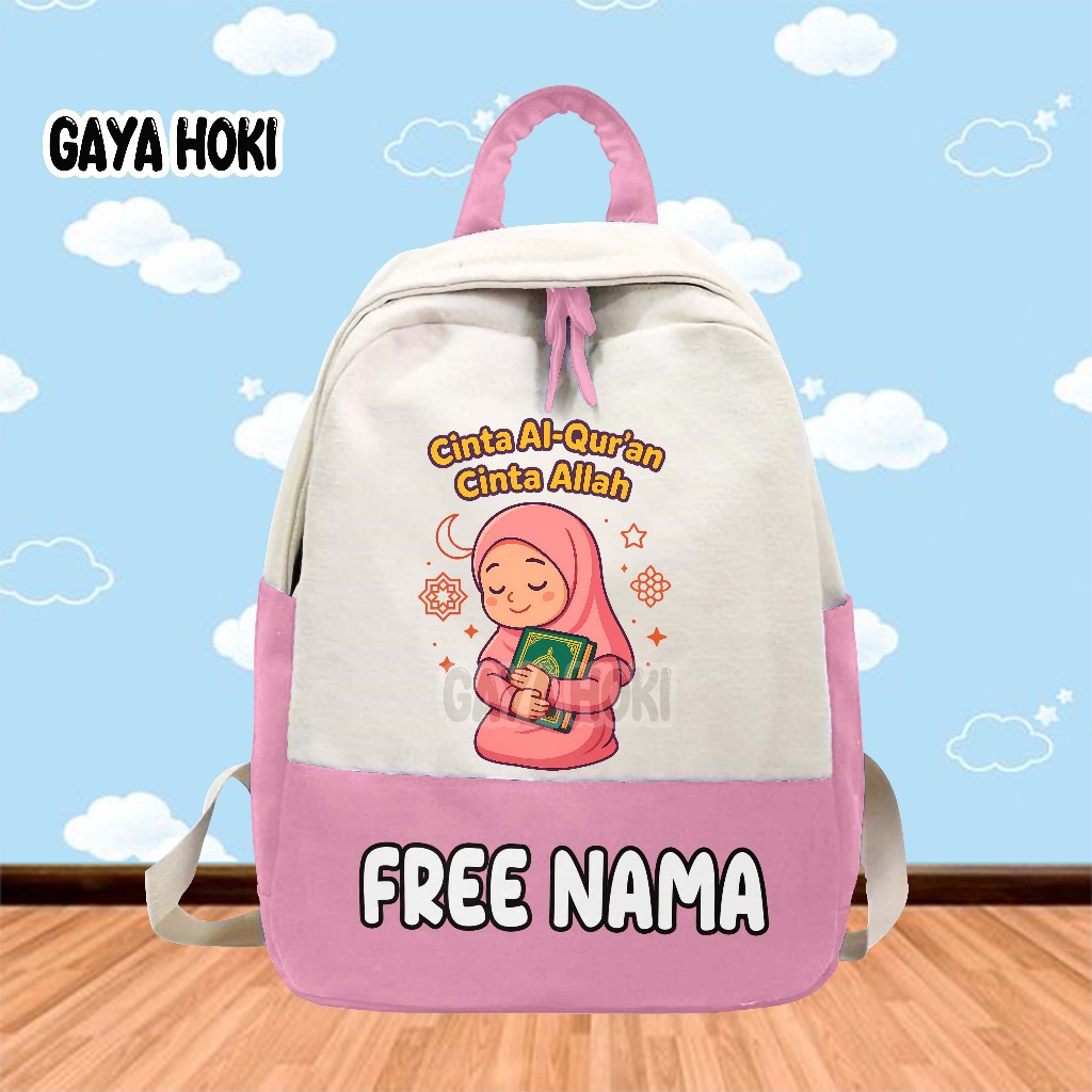 [FREE NAMA] Tas Ransel Tas Ngaji Anak Sekolah TK/SD Gambar Kartun Anak Perempuan "CINTA AL - QUR'AN 