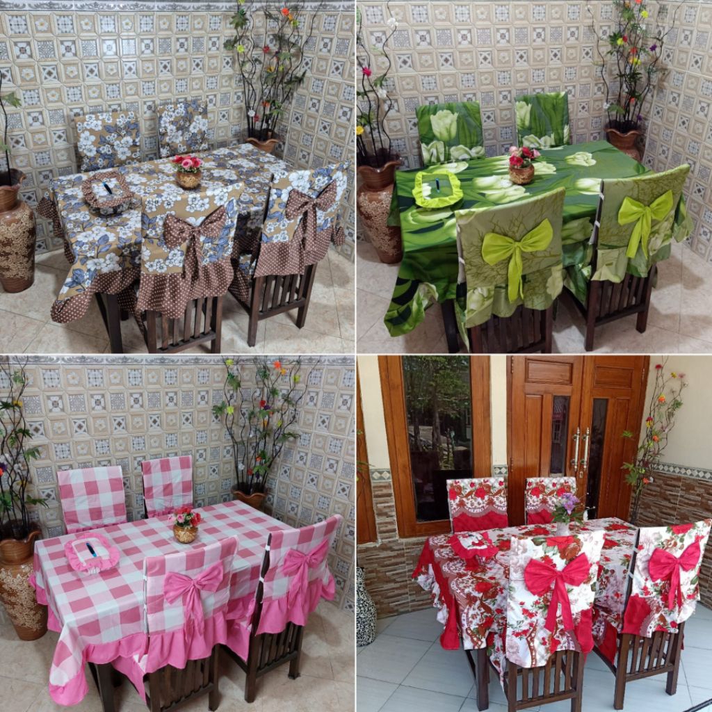 SH Dining Set 4 Kursi Sarung Kursi Makan Murah Sandaran Kursi Set Meja Makan Taplak Meja Sarung Kurs