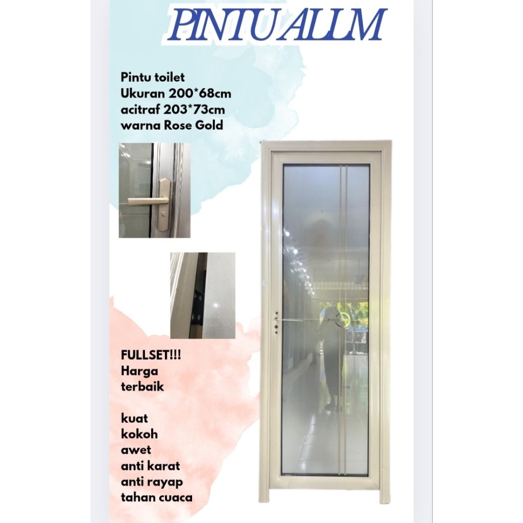 PINTU TOILET ALUMUNIUM WARNA ROSE GOLD/PINTU KAMAR MANDI KACA TEMPERED