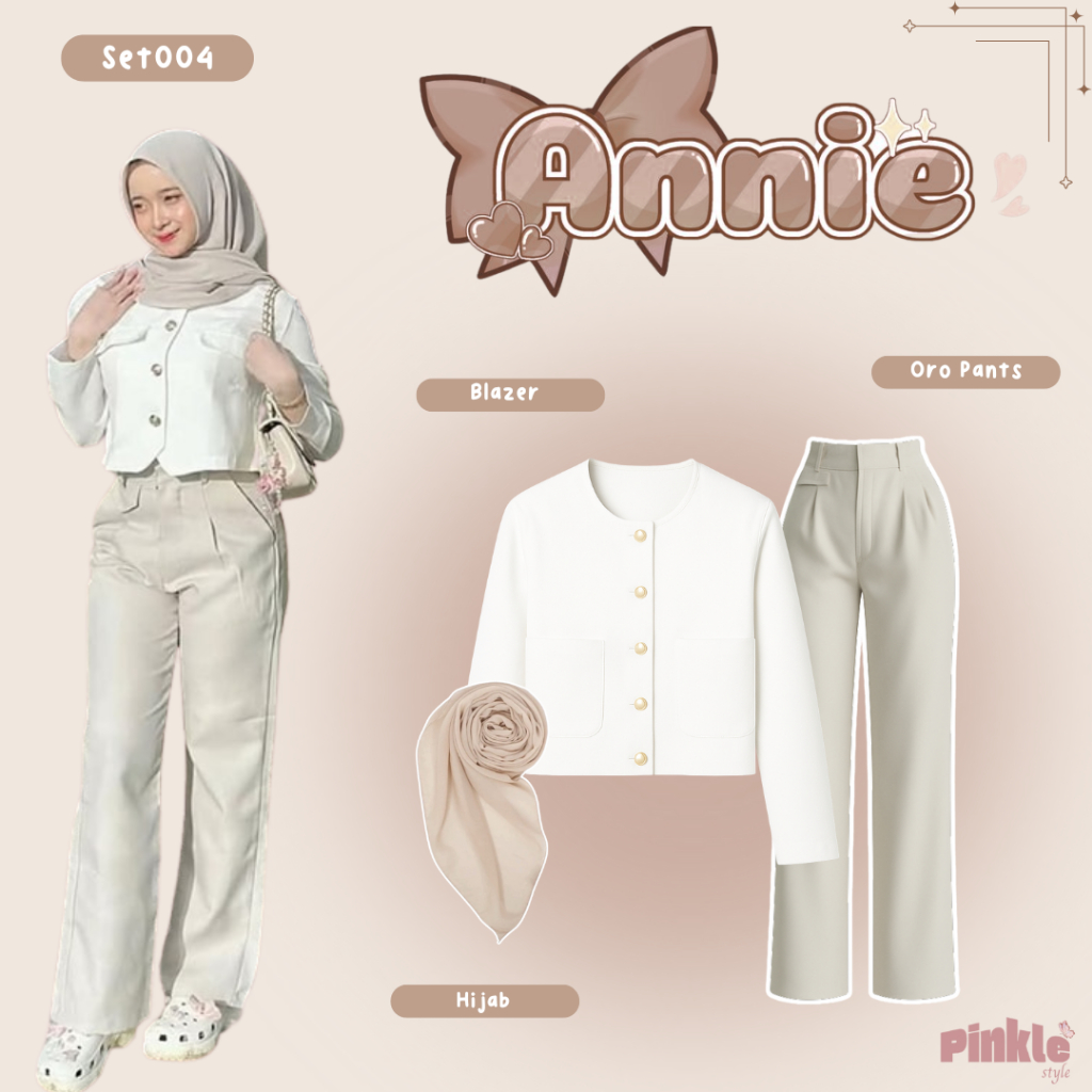 SET004 Pinkle Style One Set { Blazer + Oro Pants + Hijab } Set Wanita Hijab Kekinian.