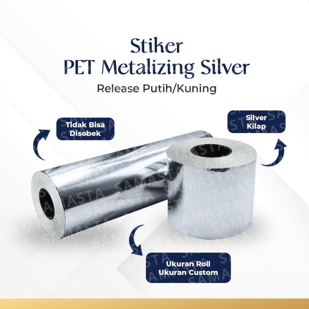 

Stiker PET Metalizing Silver Release Putih/Kuning - Tidak Bisa Disobek, Warna Silver Kilap, Ukuran Roll dan Custom