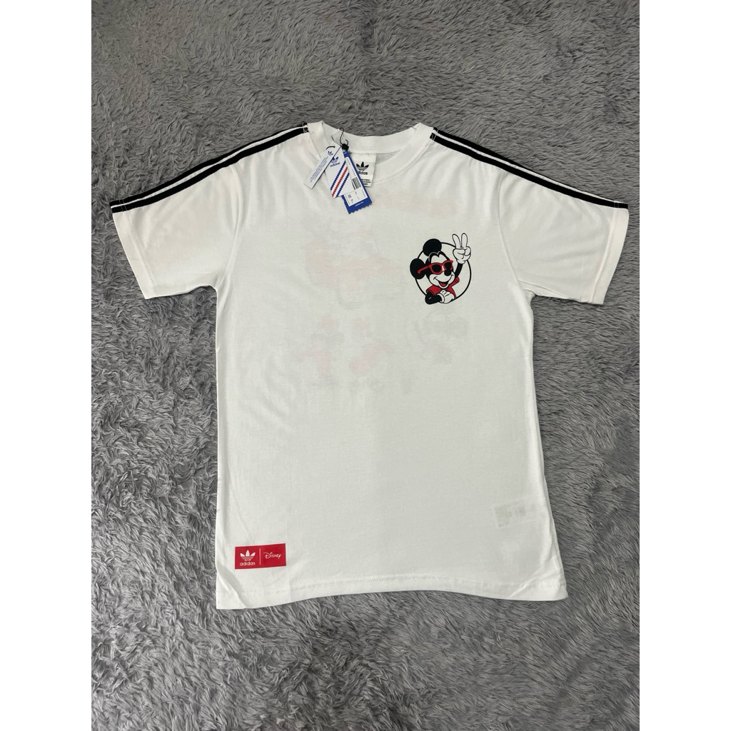 Shirt Kaos Lengan Pendek Putih Add Mickey Mouse Model Garis Tiga Kaos Premium Pria Wanita Casual