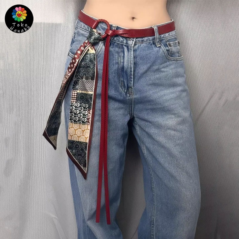 Ikat Pinggang Wanita Fashion Sabuk Wanita Vintage dari Pita Sutra Merah Aksesoris Pinggang Hippie Pu
