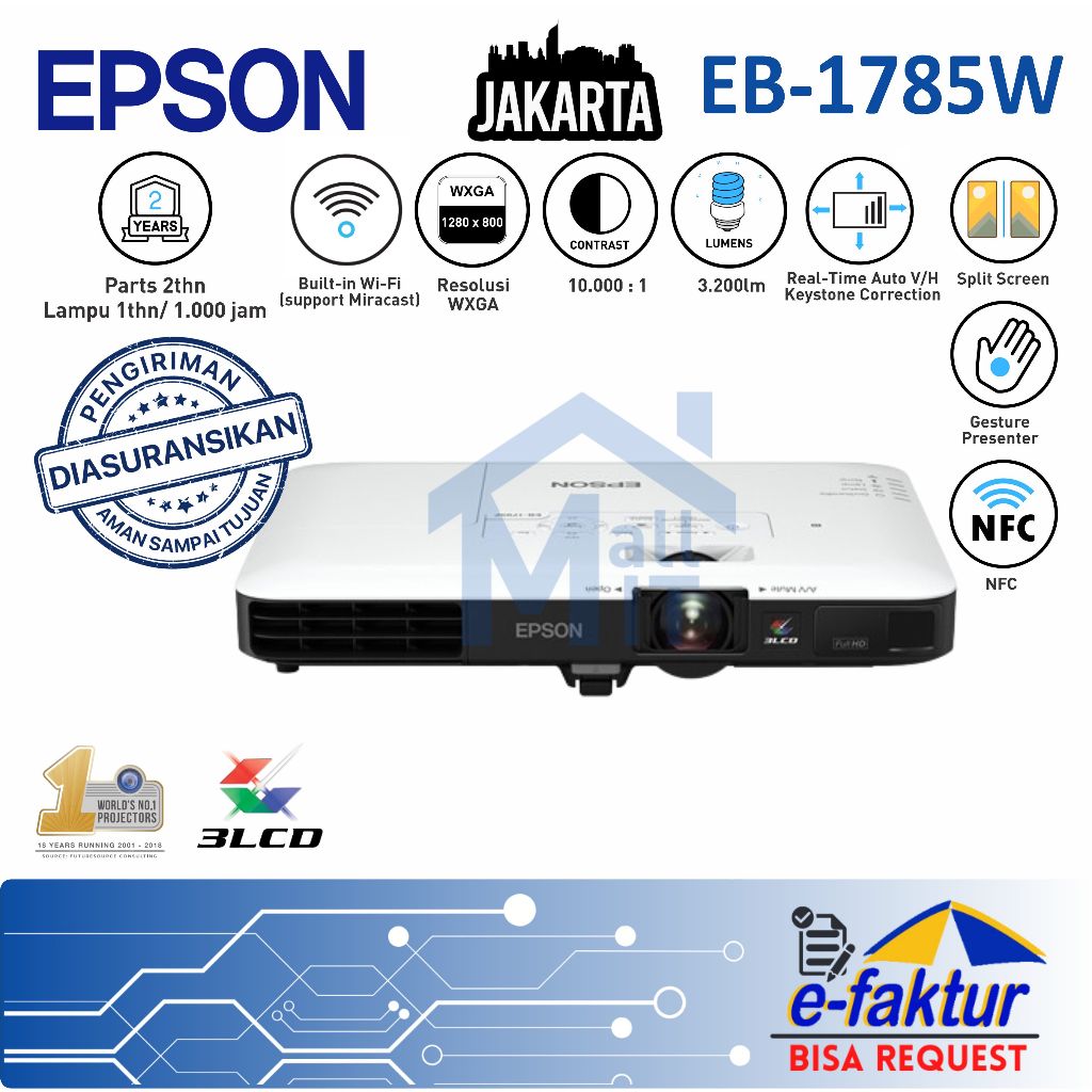 MALLIT EPSON Proyektor Mini Slim EPSON EB1785W Proyektor EPSON EB-1785W EB 1785 W Portable Garansi J