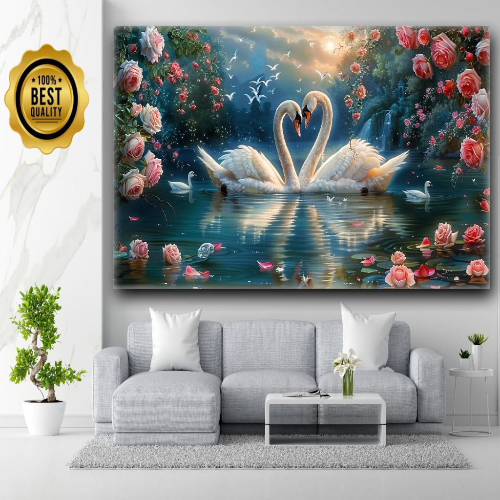 Stiker motif Angsa putih dengan bunga Mawar merah Wallpaper angsa dekorasi dinding rumah