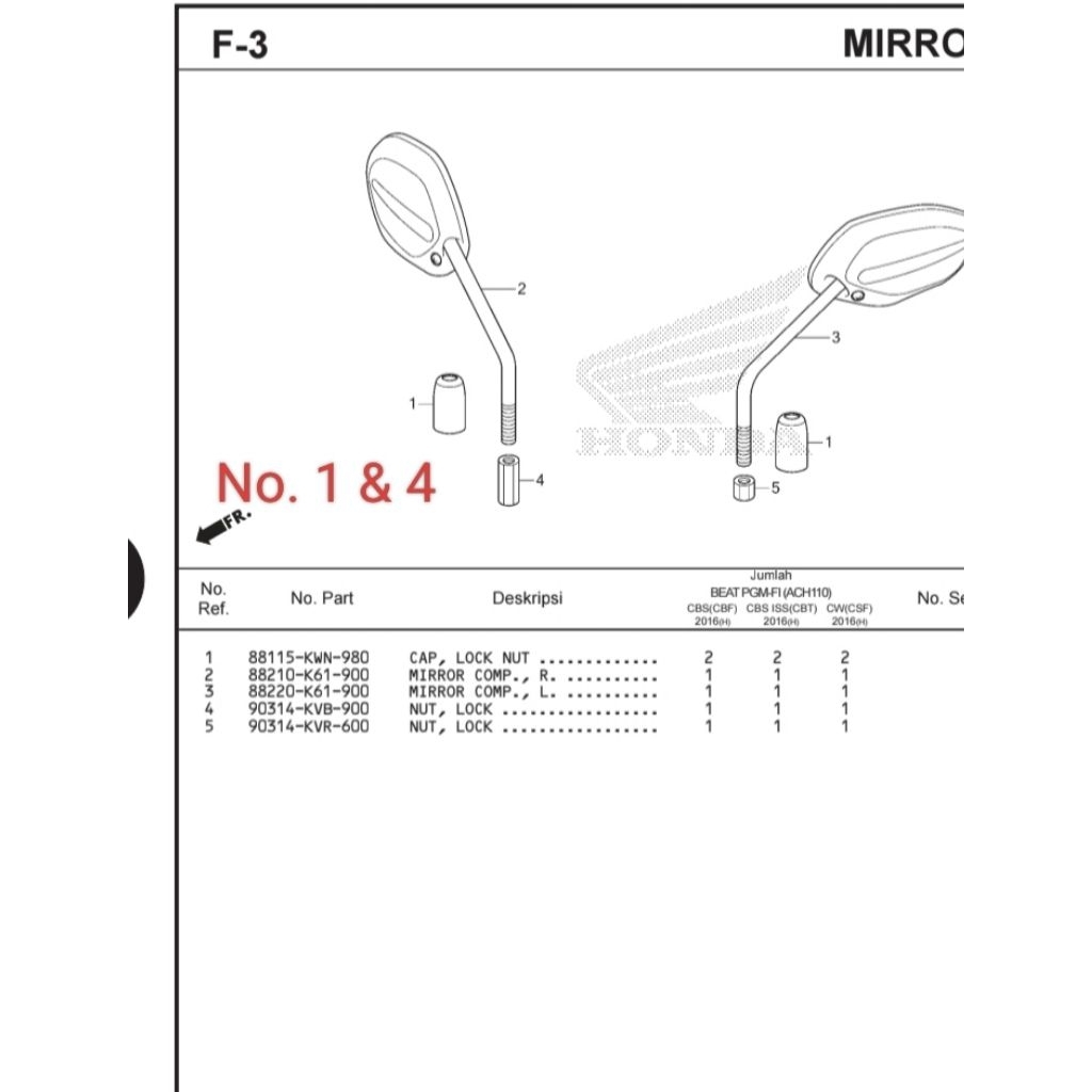 Karet penutup mur spion dan Mur spion sebelah kiri untuk motor Beat pop Beat eco Beat street number 