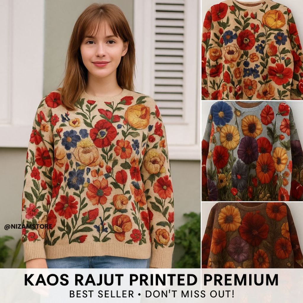 Kaos Rajut Wanita Import Premium Motif Bunga Printed | Sweater Rajut Oversize Kekinian