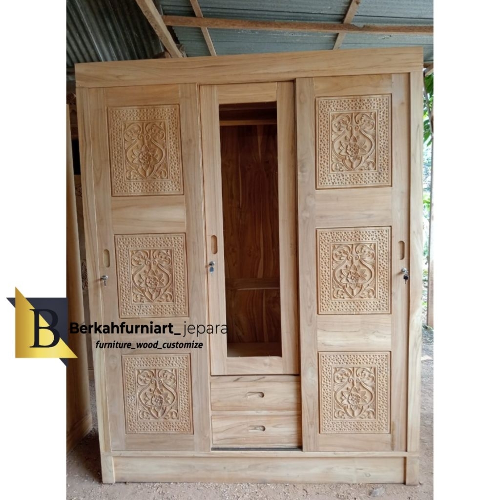 termurah lemari pakaian minimalis sleding_almari 3pintu sleding jati
