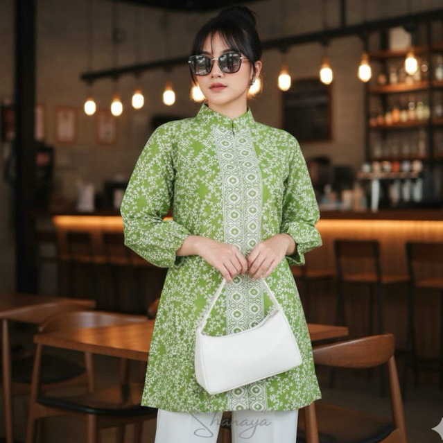 LAPIS TRICOT Shanaya baju batik wanita Tunik kekinian motif garis terbaru warna sage green dan purpl
