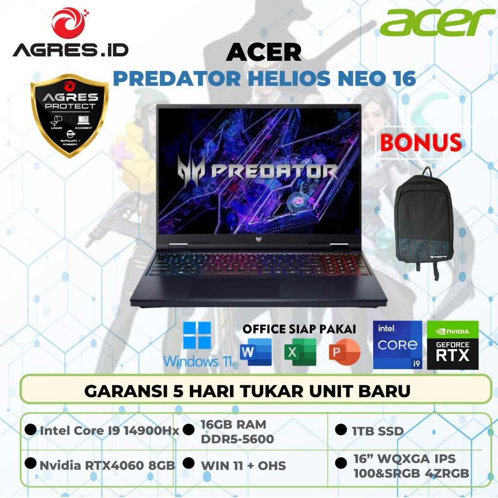 Acer Predator Helios Neo 16 Intel Core I9 14900HX RTX4060 8GB/ 16GB 1TB 16.0 Wqxga 180hz 100srgb