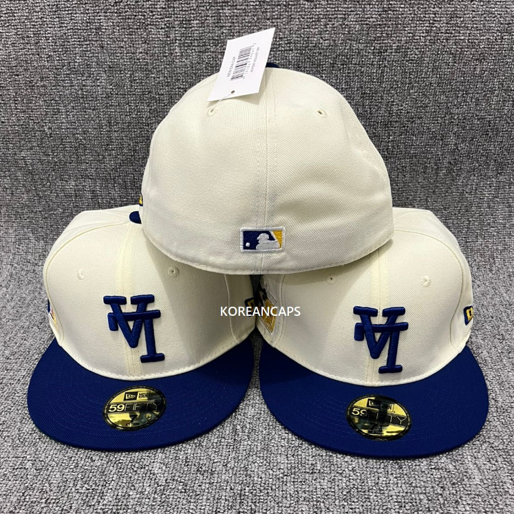 Topi Snapback Fitted LA Cream Blue Upside Down Jackie Robinson Under Visor Green Bordir Build Up Cap