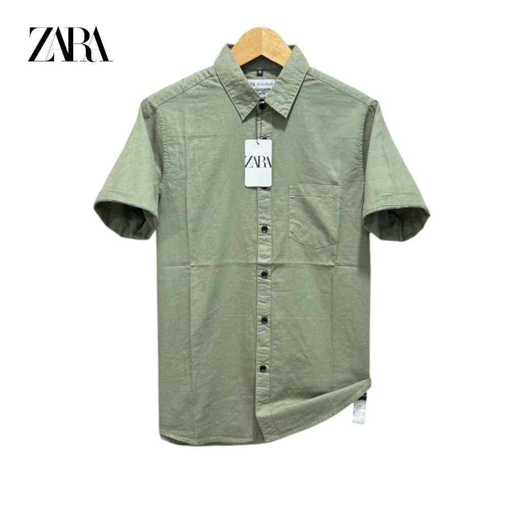 kemeja pendek Zara Man mode Krah slim fit katun twill