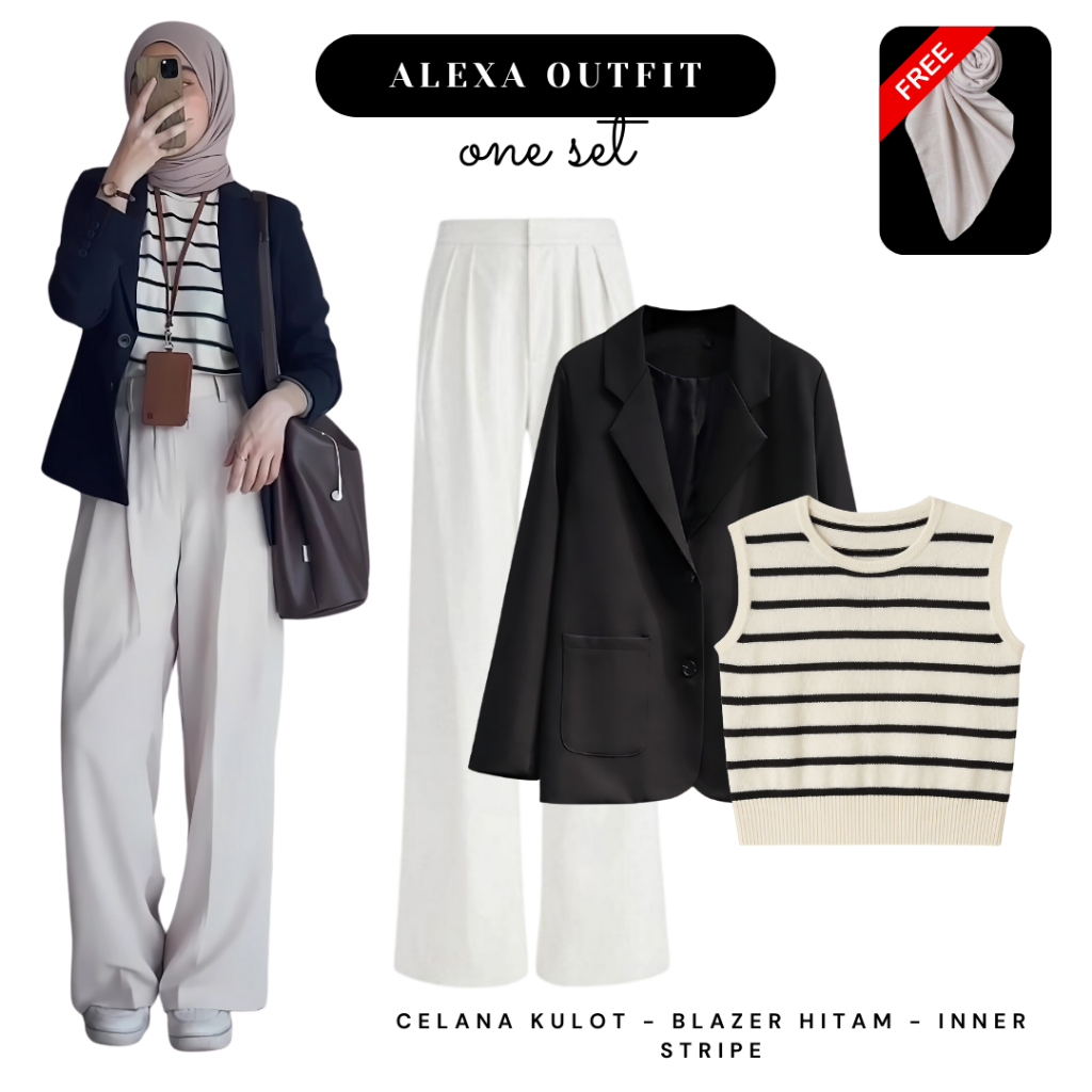 Setelan Outfit Wanita Kantor Formal (Blazer Hitam, Inner Tanktop Stripe, Knit Pants Putih) - CTO93