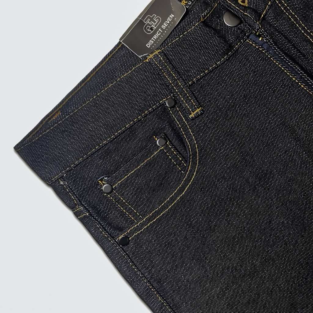 Nosteen – Celana Jeans Raw Denim Pria Slim Straight Pants 14 Oz Aksen Selvedg | Black Indigo