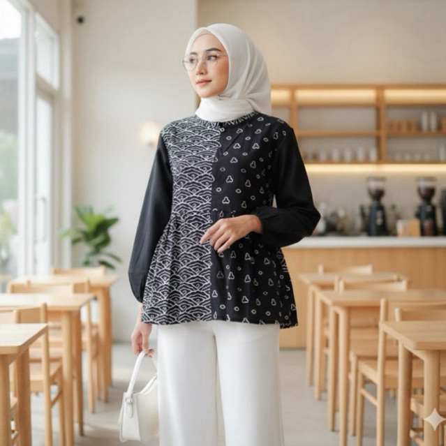 Shanaya Batik Blus Kombinasi Lengan Balon blouse kerja kuliah seragam kantor cantik