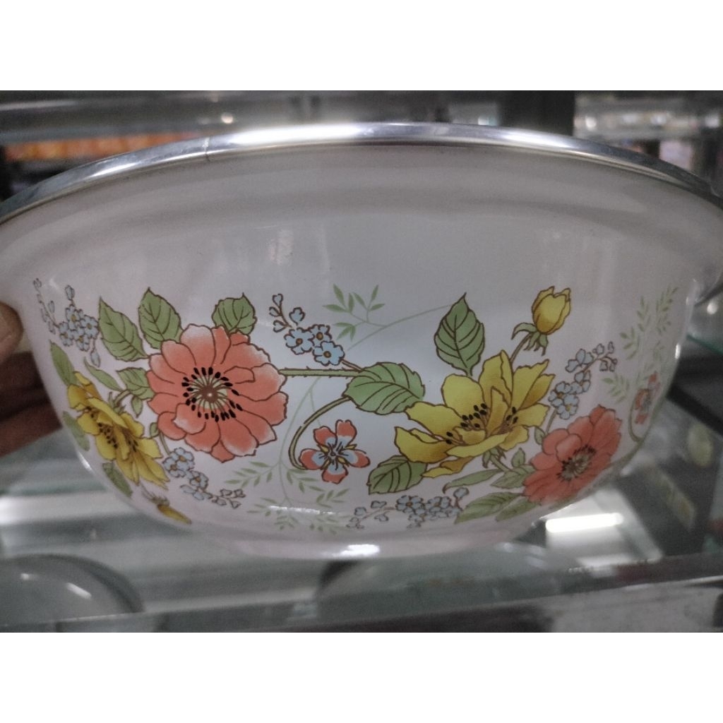Baskom Enamel Motif Bunga Warna Pastel Ukuran Besar
