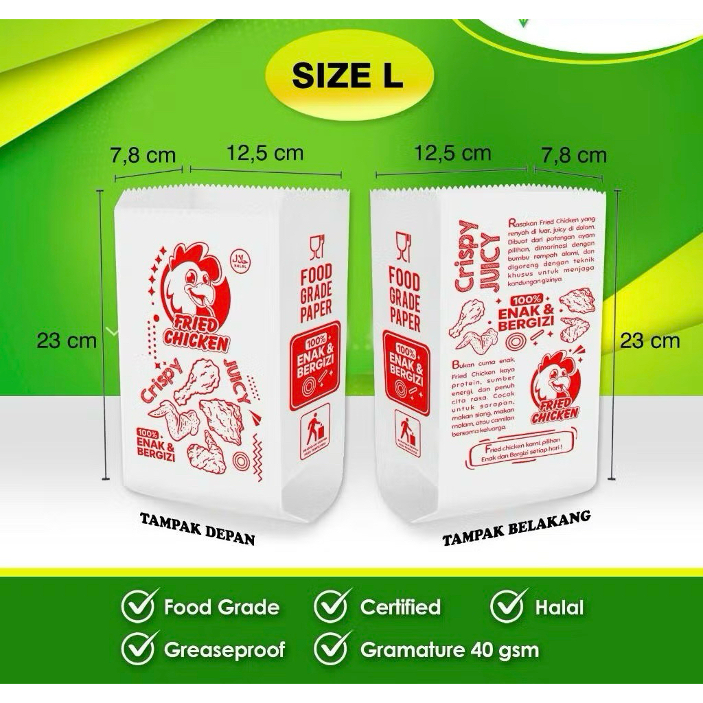 [50 pcs] Kantong Kertas Fried Chicken | Bungkus Kantong Kertas Ayam | Kantong Kemasan Fried Chicken