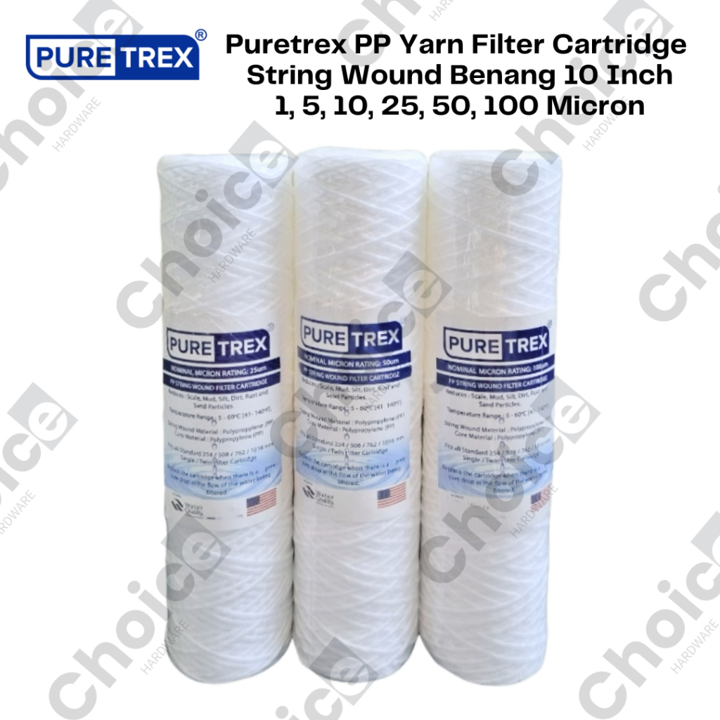 Puretrex PP Yarn Filter Cartridge String Wound Benang 10 Inch 1, 5, 10, 25, 50, 100 Micron