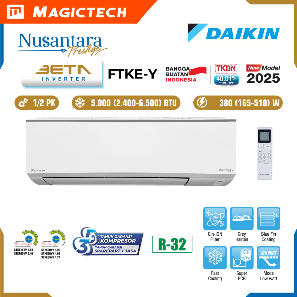 AC DAIKIN 1/2 PK (0,5 PK) BETA INVERTER STKE15YV /FTKE15YV14 NUSANTARA PRESTIGE SPLIT FTKE15