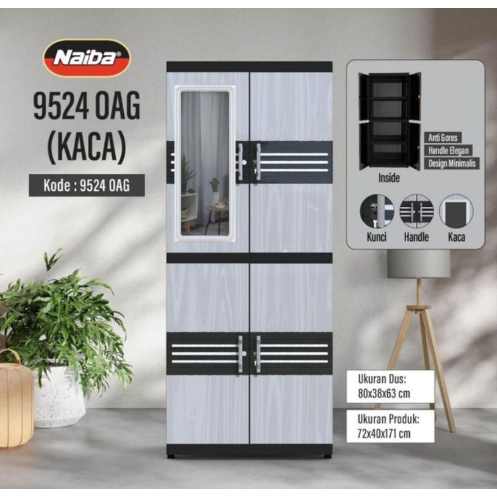 LEMARI PLASTIK NAIBA KACA - LEMARI PAKAIAN PLASTIK 4 SUSUN - LEMARI BAJU 4 SUSUN KACA - RAK BAJU MUR