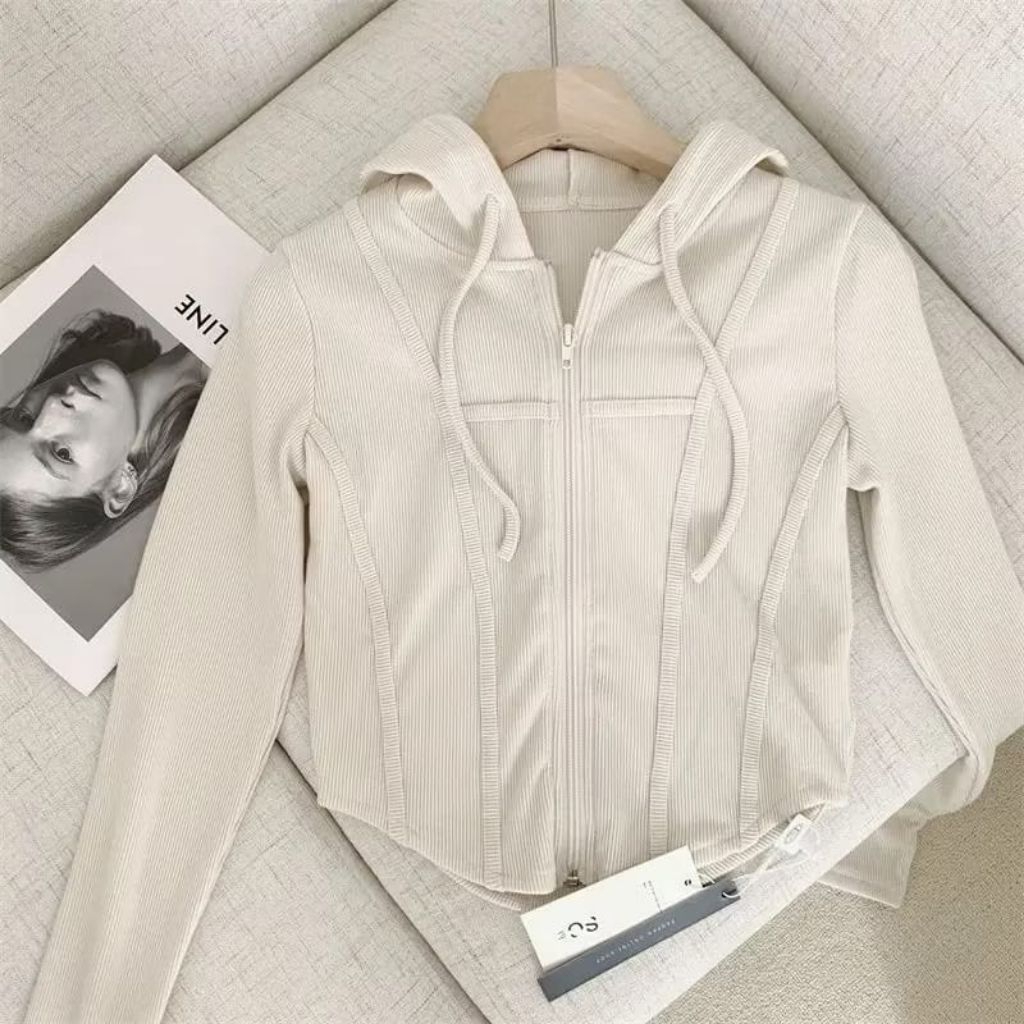 jaket crop top wanita zipper bahan rib knit