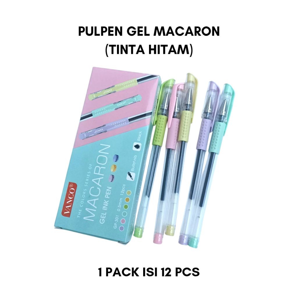 VANCO PULPEN GEL MACARON – Tinta Hitam Halus, Warna Pastel Aesthetic – 1 Pack Isi 12 Pcs
