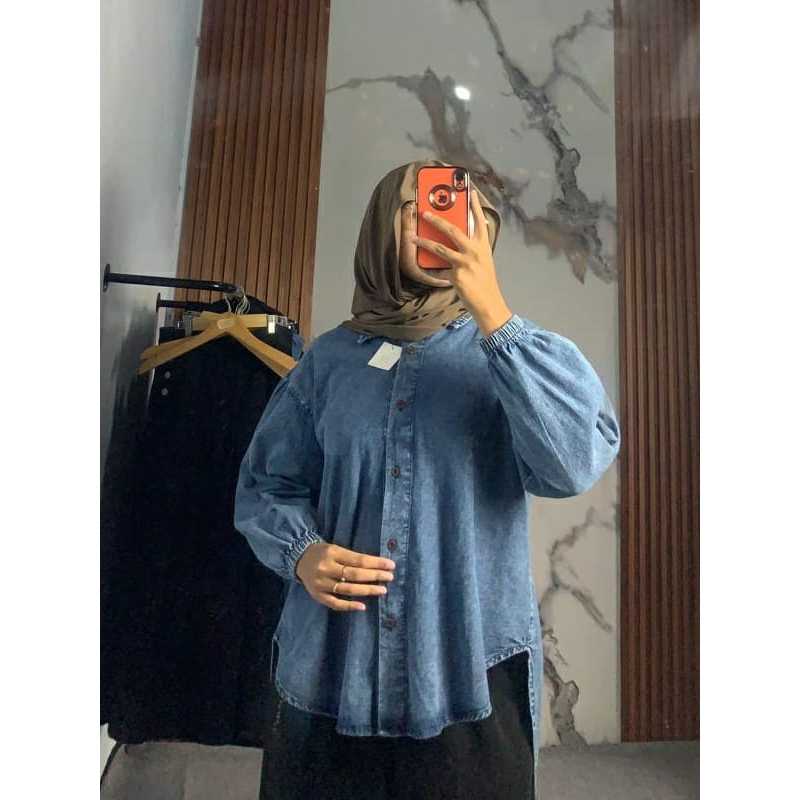 Atasan Kemeja Jeans Lengan Balon / Atasan Wanita Blouse Depan Rempel LD 120