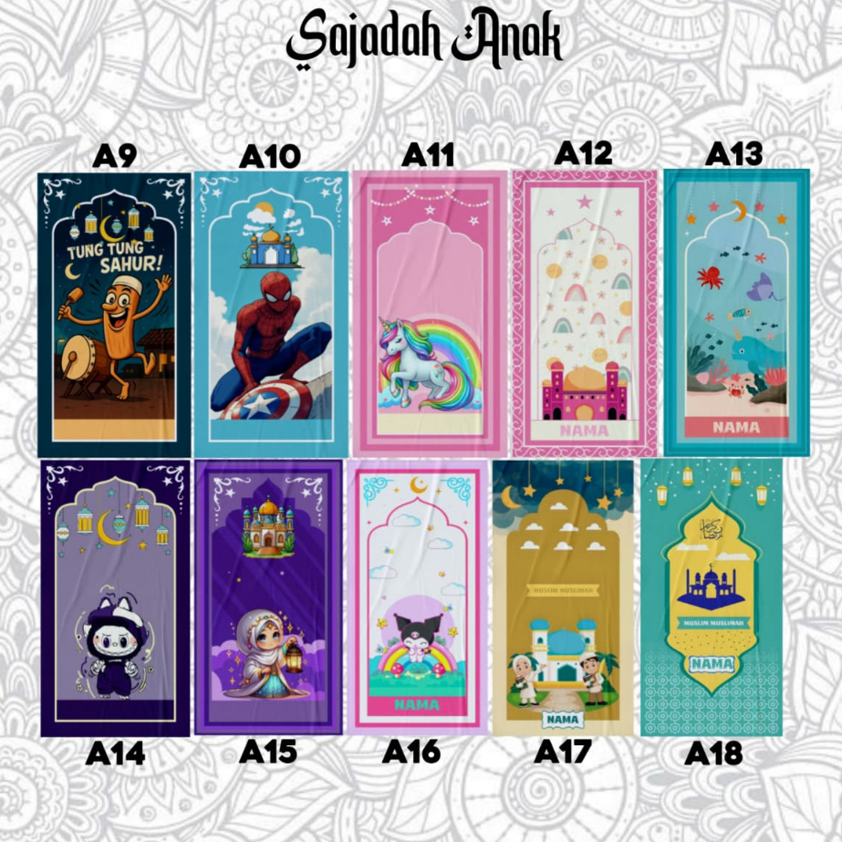 Sajadah Anak Custome Nama Karakter Laki - Laki Dan Perempuan Full Printing