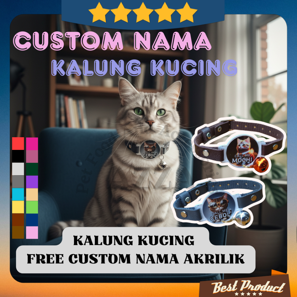 Kalung Kucing Custom Nama Kulit Kualitas Premium Lonceng Besar Akrilik Tebal