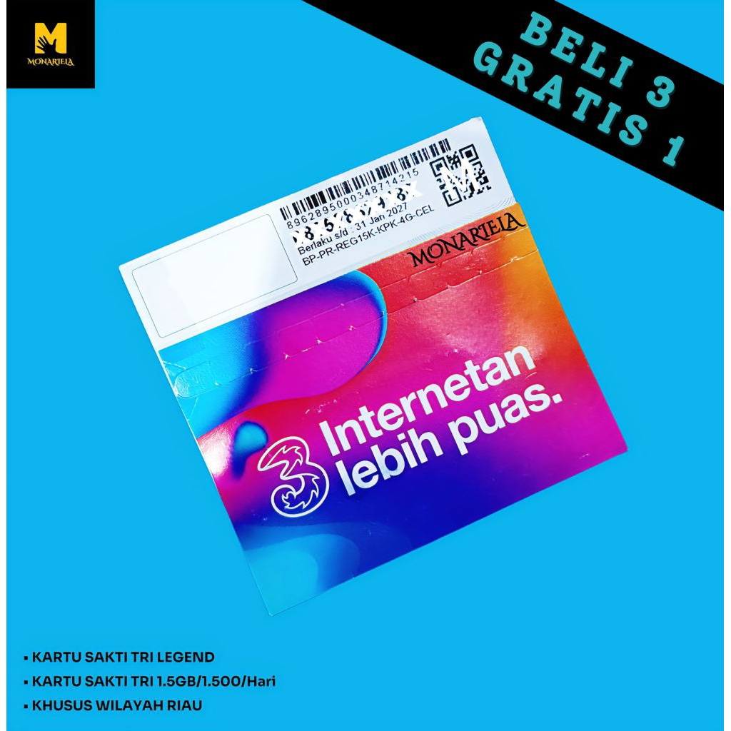 MONARIELA - ( BELI 3 GRATIS 1 ) KARTU SAKTI TRI LEGEND | KARTU SAKTI TRI 1.5GB 1500 PERHARI (PERMANE