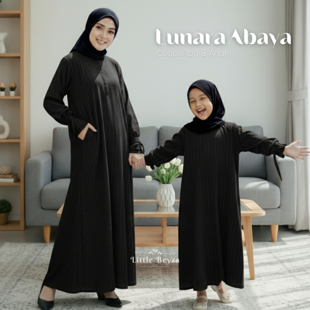 ABAYA COUPLE IBU DAN ANAK PEREMPUAN WARNA HITAM/DRES COUPLE | Gamis Set Muslimah Elegan Lengan Tali