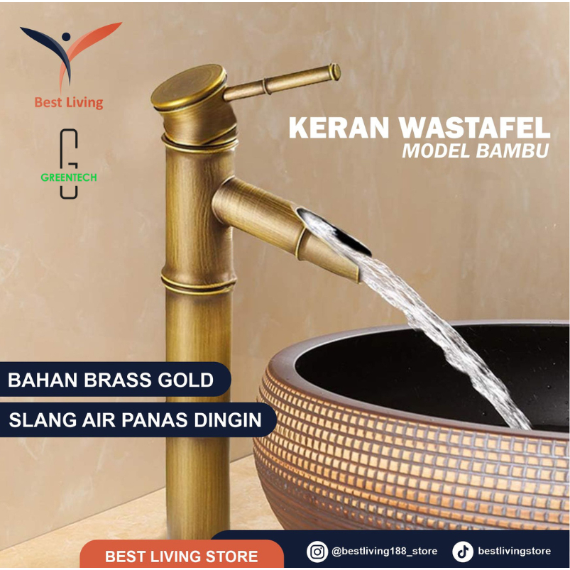 KRAN WASTAFEL Antik PANAS DINGIN KERAN WASTAFEL MODEL BAMBU BAHAN BRASS GOLD SELANG AIR PANAS DINGIN