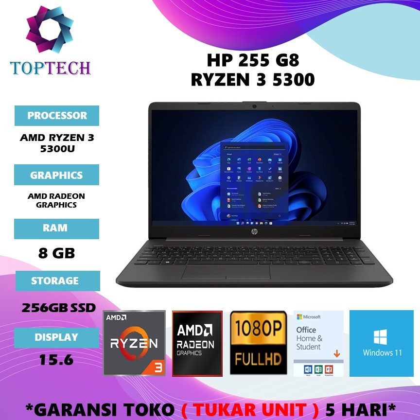 LAPTOP HP 255 G8 AMD RYZEN 3 5300 RAM 8GB 256GB SSD WINDOWS 11 15.6 FHD