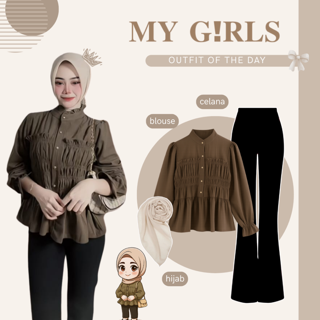 One Set Outfit Remaja | Blouse Nola + Celana Cutbray + Hijab | Setelan Wanita Satu Set - AM150N