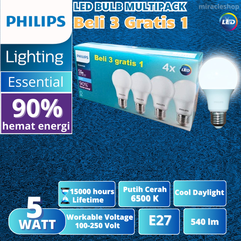 Lampu Philips LED Essential 5W Putih Philips 5 Watt Multipack Paket 3+1 Asli Bergaransi